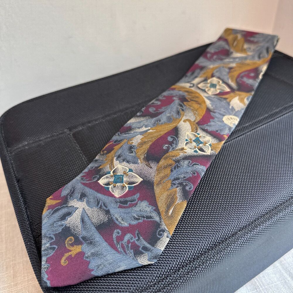 Vintage Bill Blass Silk Tie Maroon Blue Gold Floral Designer Necktie 4”
